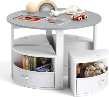 Kids Table and Chair Set,Wooden Round Desk with 4 Storage Drawers