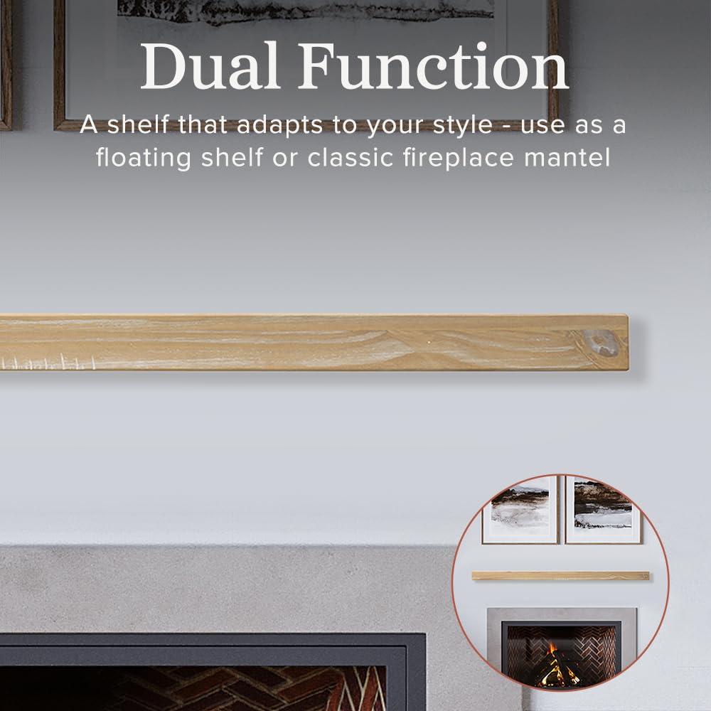 Dakota 60 Inch Fireplace Mantel Shelf, Box-Constructed Pine Wood Shelf with 9" Depth, Whitewash Floating Mantel