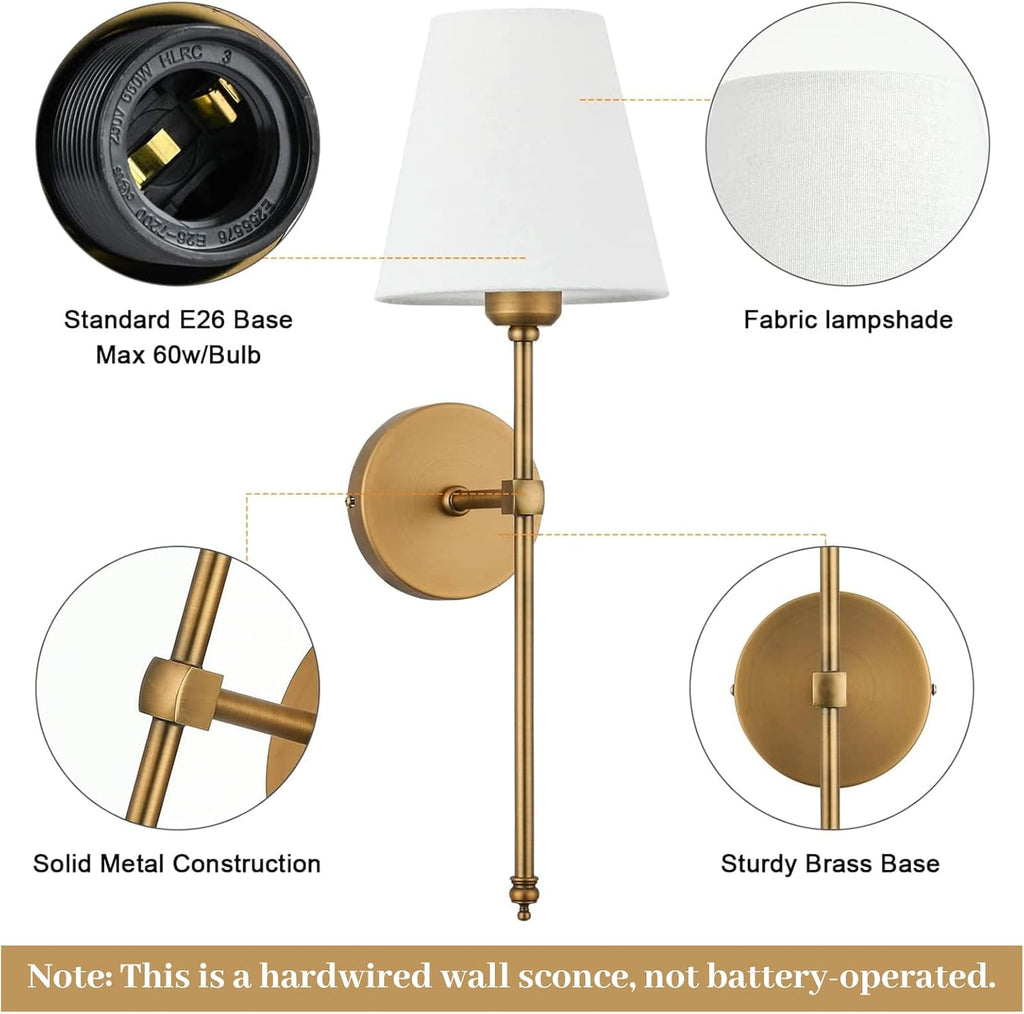 Wall Sconces Sets of 2, Hardwired Classic Brushed Brass Sconces Wall Lighting, Bathroom Vanity Light Fixture with
