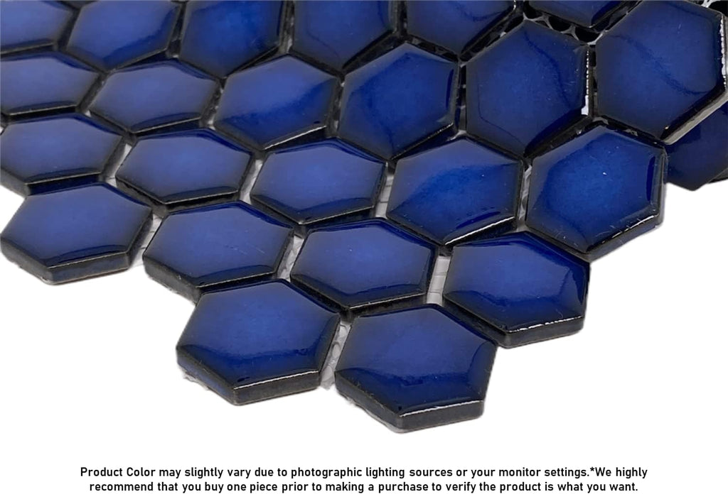 Hexagon Cobalt Blue Porcelain Mosaic Wall Floor Tile Glossy Look 1'' inch (Box of 10 Sheets) Backsplash, Bathroom
