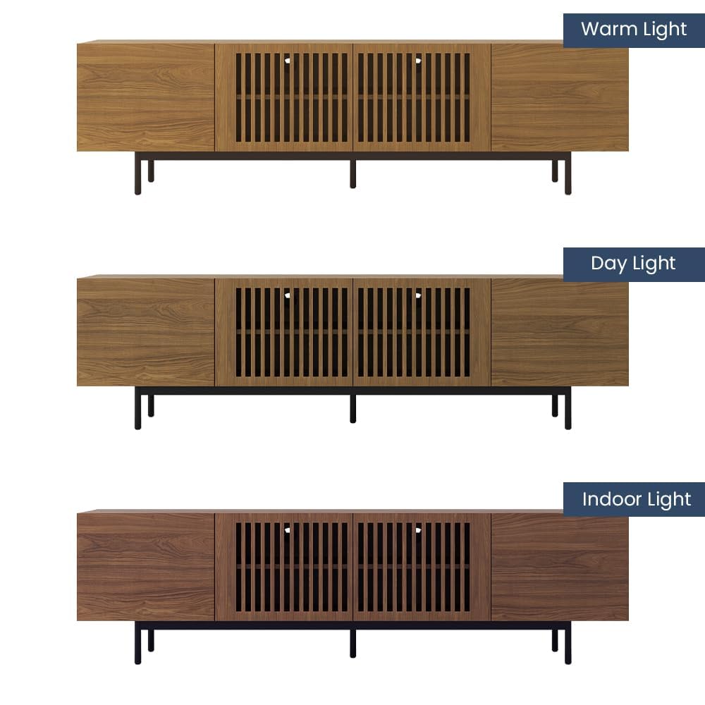 Full Assembled Mid-Century Modern TV Stand with Slatted Doors, Wood Media Console for 75 Inch TV, TV Console with