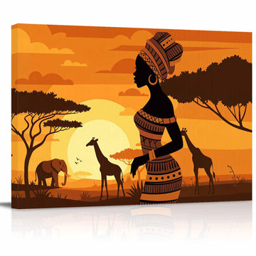 African Women Canvas Print Wall Art - Africa Ethnic Elephant Giraffe Animals Sunset - Wall Decor Modern Artwork