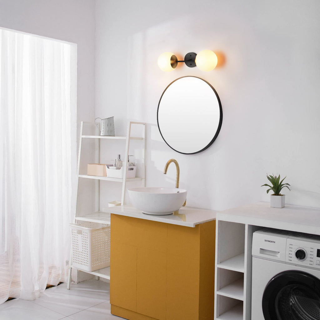 2-Light Wall Sconce, Matte Black, Antique Brass Accent Socket, Matte Opal Glass Shades, Modern Light, Dimmer Switch
