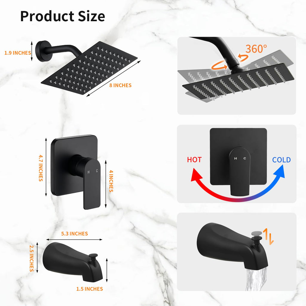 Tub Shower Faucet Set With Head & Spout Black