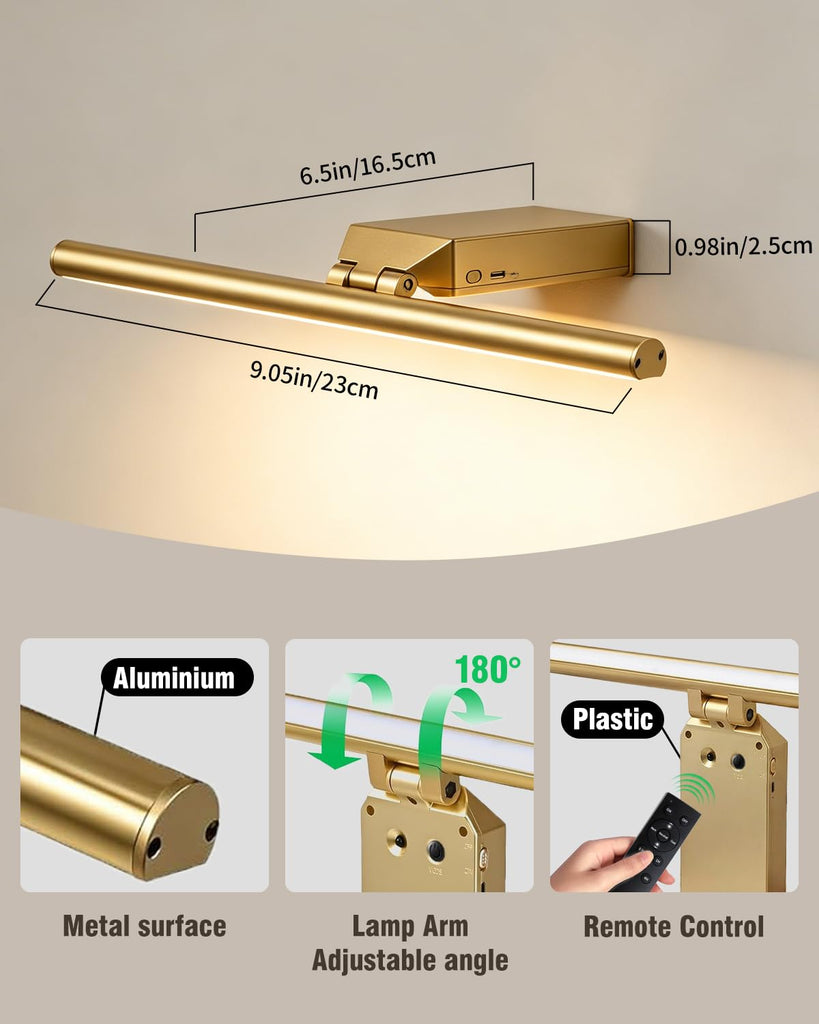 9'' Picture Light for Wall, 5000mAh Rechargeable Wall Lights, 3 Colors, Stepless Dimmable LED Art Painting Light
