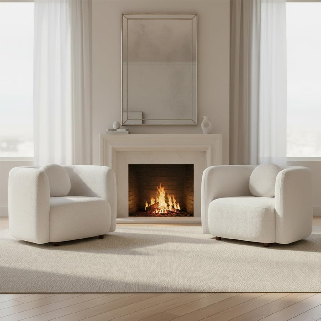 Barrel Chairs Set of 2, 39", Upholstered, Boucle, White