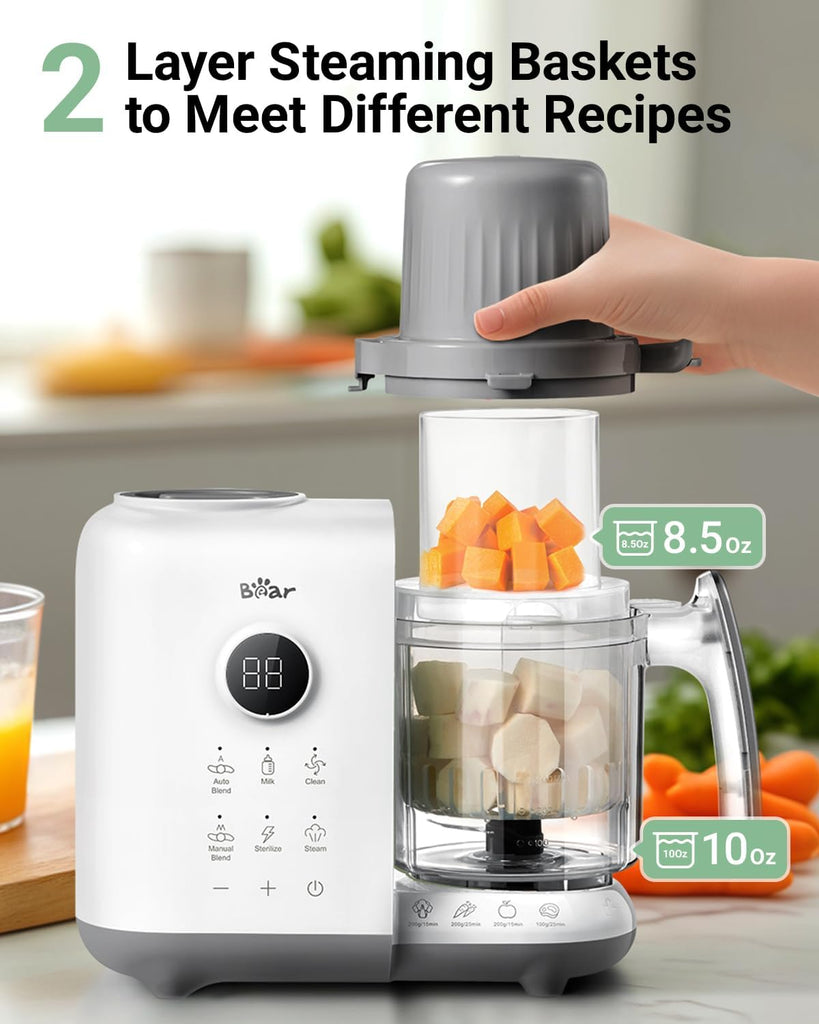 Baby Food Maker Steamer&Blender with Dual-Layer Steam Baskets, 18.5oz