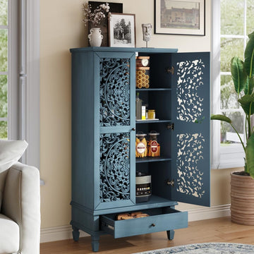 Rustic 55'' Tall Storage Cabinet with Drawer, Decorative 2-Door Carved Wood Accent Cabinet with Solid Wood Legs