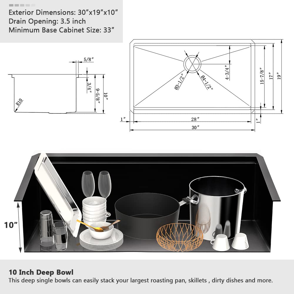 30x19 Undermount Kitchen Sink Black Stainless Steel Sink Workstation