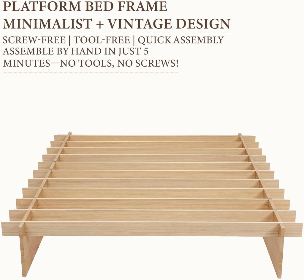 Wood King Platform Bed Frame, 3 Min Tool Free Assembly