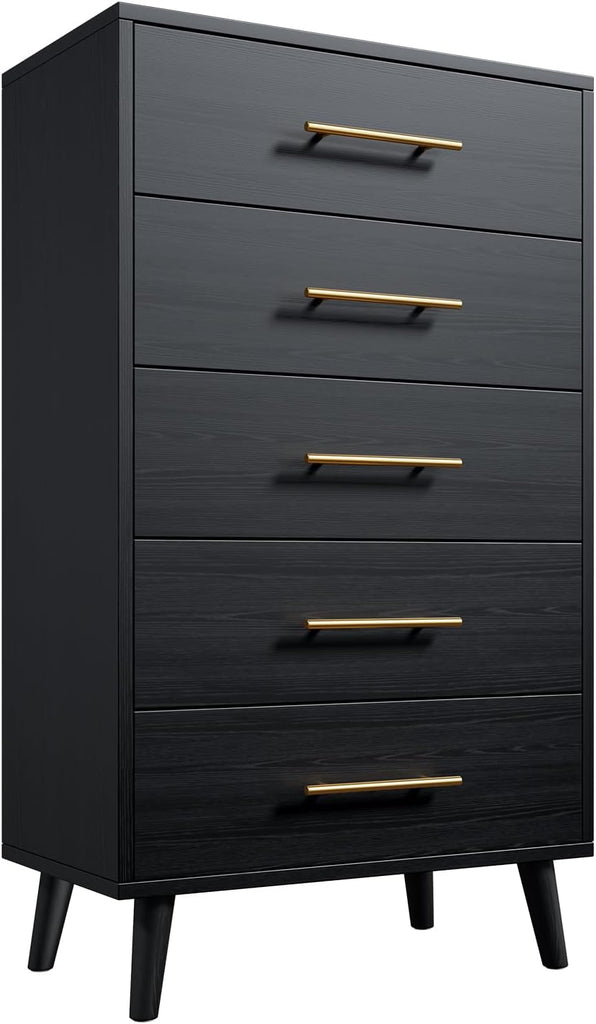 5 Drawer Dresser, Tall Chest of Draawers, Black | Wood Dresser with Metal Handles for Organized Storage Dresser s