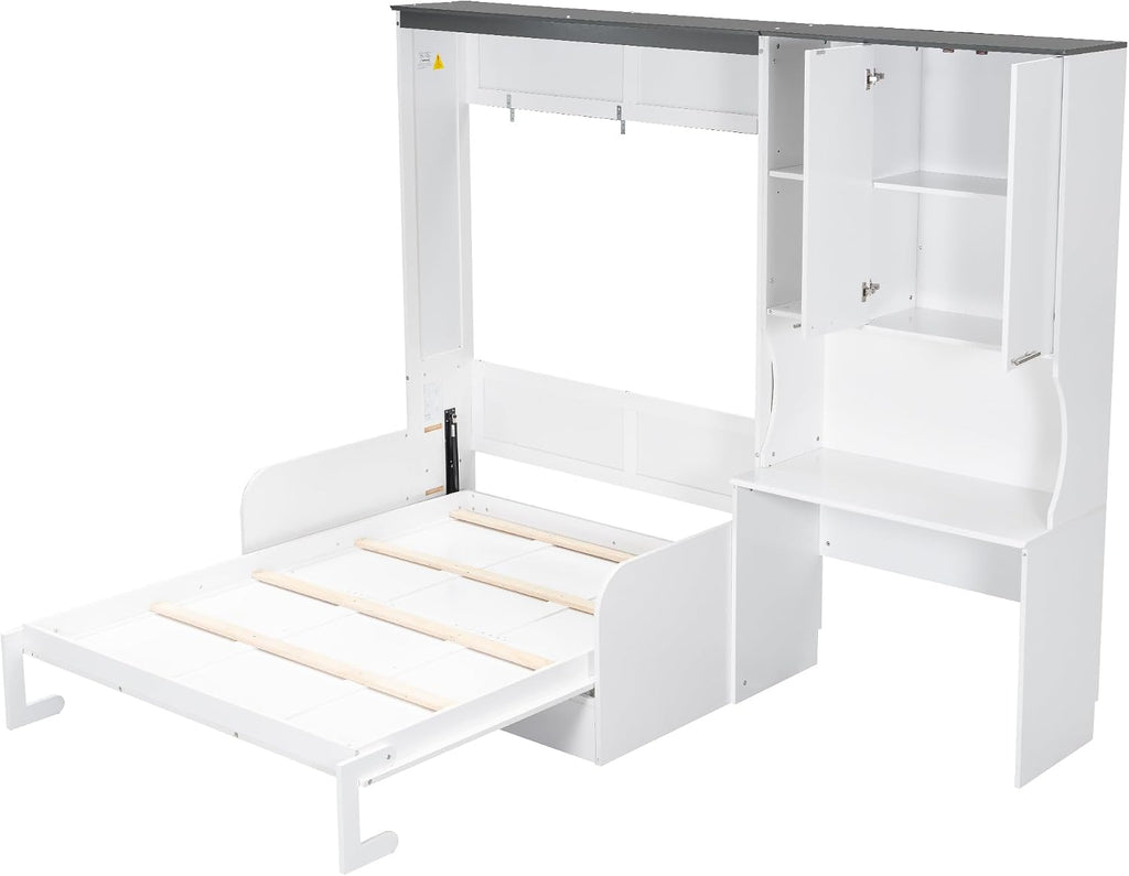 Queen Wood Murphy Bed with Upholstered Sofa & Desk, Multifunctional Foldable Wall Platform Bed for Guest-Room