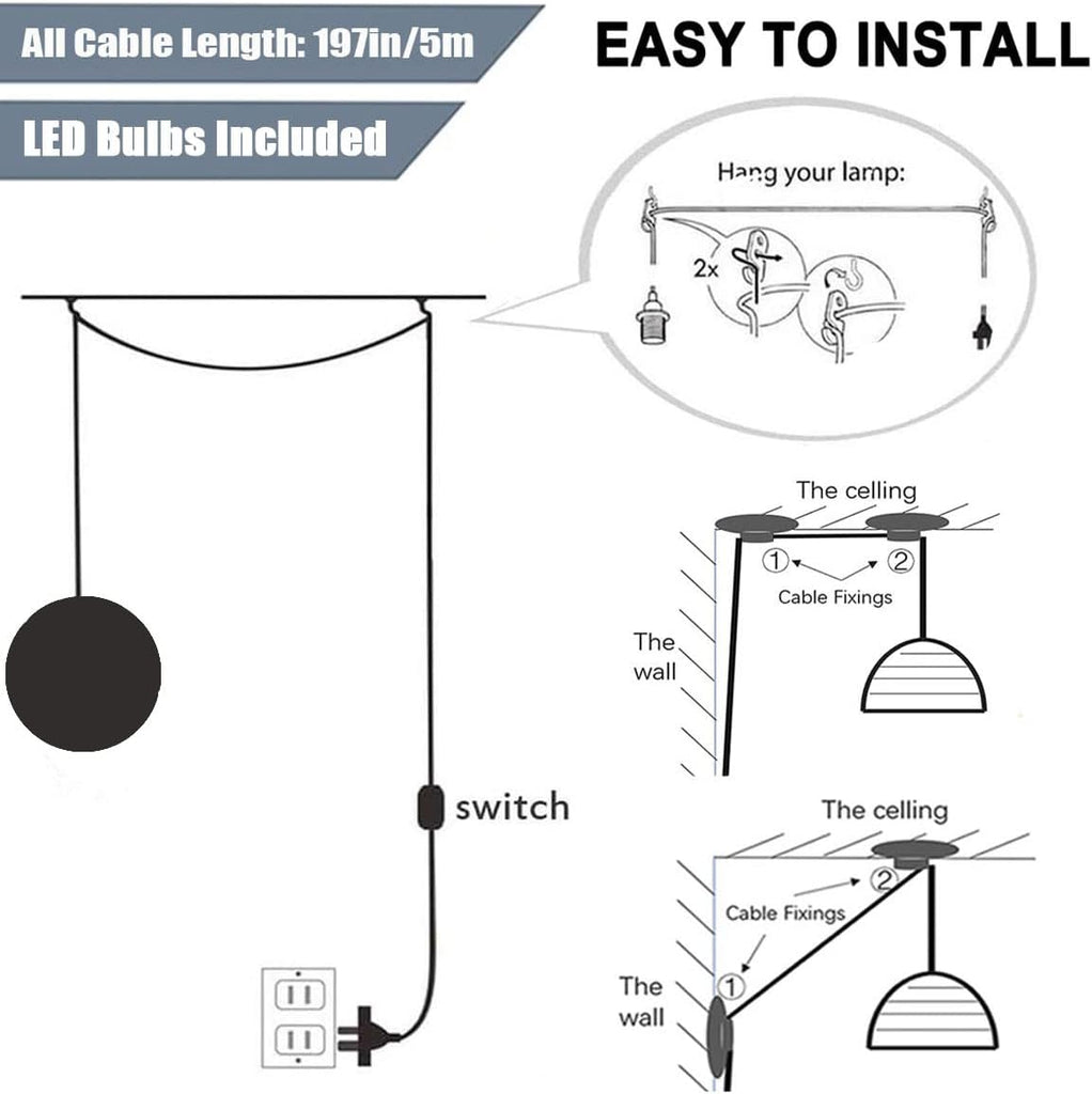 Plug in Pendant Lighting with Cord,Hanging Lamps that Plug Into Wall Outlet White,16.4Ft Hanging Light Cord