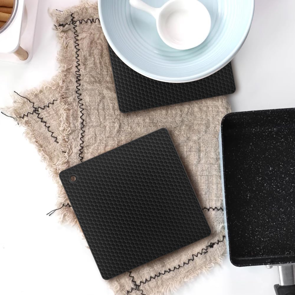 Silicone Square Trivets Mat, 6 Packs Multipurpose Non Slip Heat Resistant Pot Holder-Black