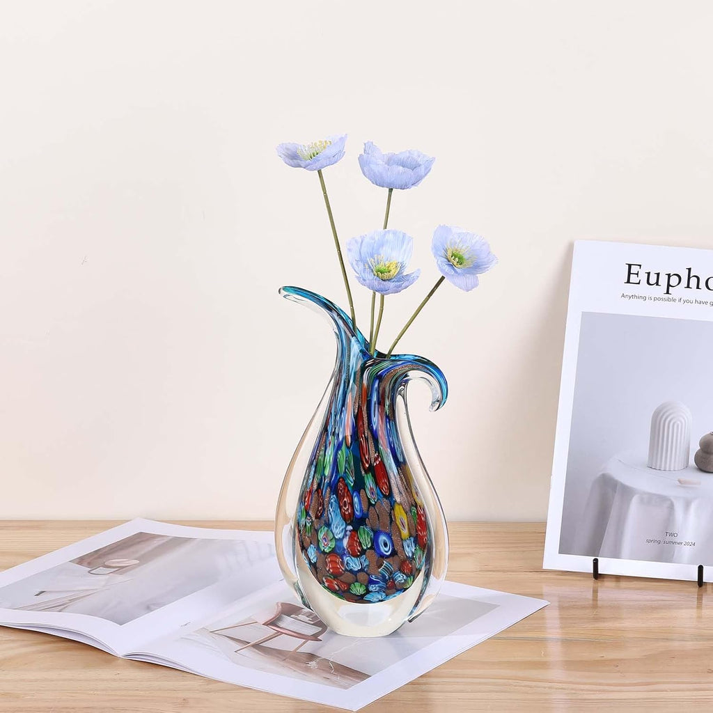 Hand Blown Glass Vase - Oval Decorative Art Glass for Centerpieces, Murano Inspired Decor, Entryway Table, or Shelf