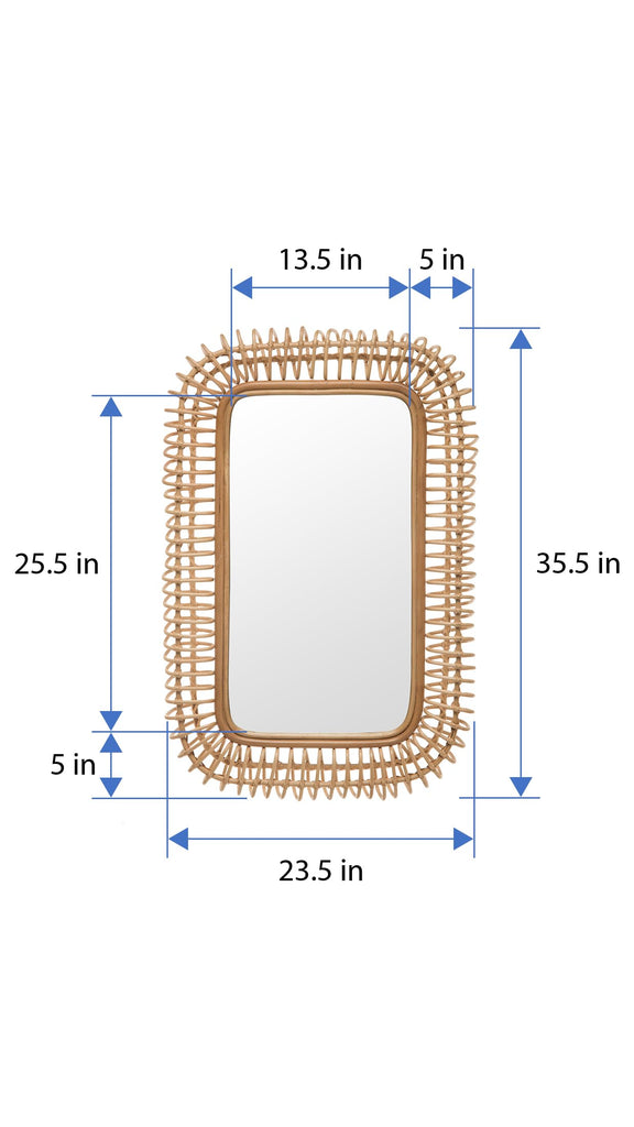 Rattan Coiled Rectangular Wall Mirror, Farmhouse Decor, Natural Brown