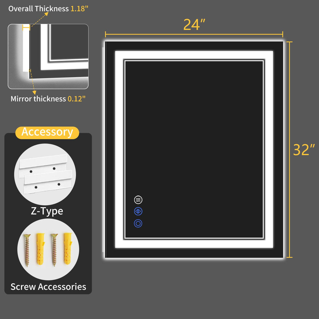 24"x32" LED Bathroom Mirror with Lights, Anti-Fog, Backlit + Front Lit, Dimmable, Led Vanity Mirror for Wall, Lighted