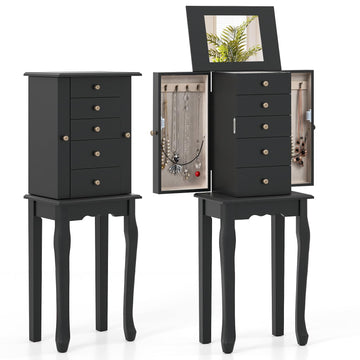 Standing Jewelry Cabinet Armoire with Top Flip Mirror, Jewelry Box Chest with 4 Drawers, Top Compartments, 8 Necklace