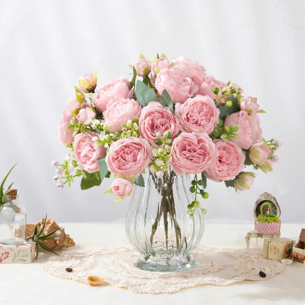 Artificial Peonies Silk Flowers in Glass Vase Faux Flowers Bouquets Modern Penoy Arrangement 4 Pack Decoration Table - Set of 4