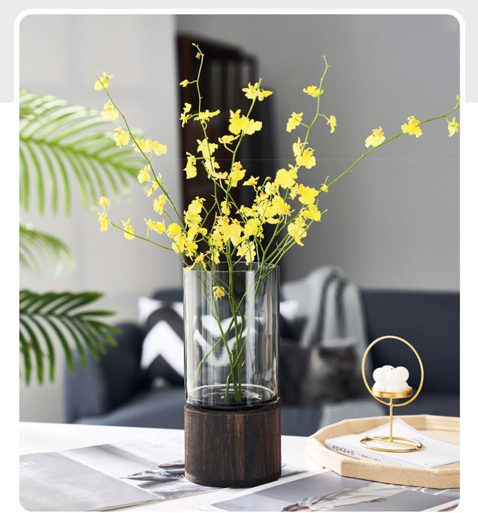 Artistic Wood Glass Vase, 10" H, Wooden Base Cylindrical Flower Vase, Classic Boho Rustic Style for Fireplace