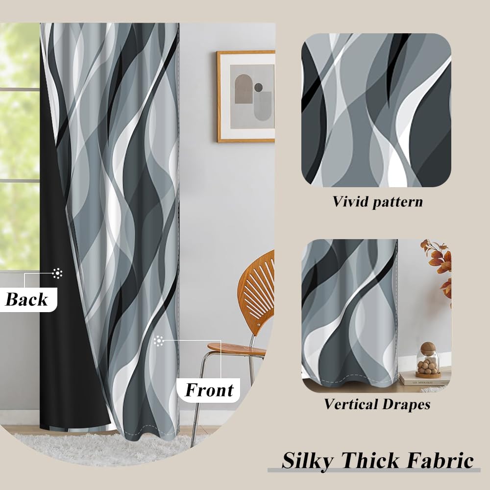 Blue Grey Wave Lines Window Curtains Abstract Art Aesthetic Gradient Blackout Curtains Geometric Thermal Insulated