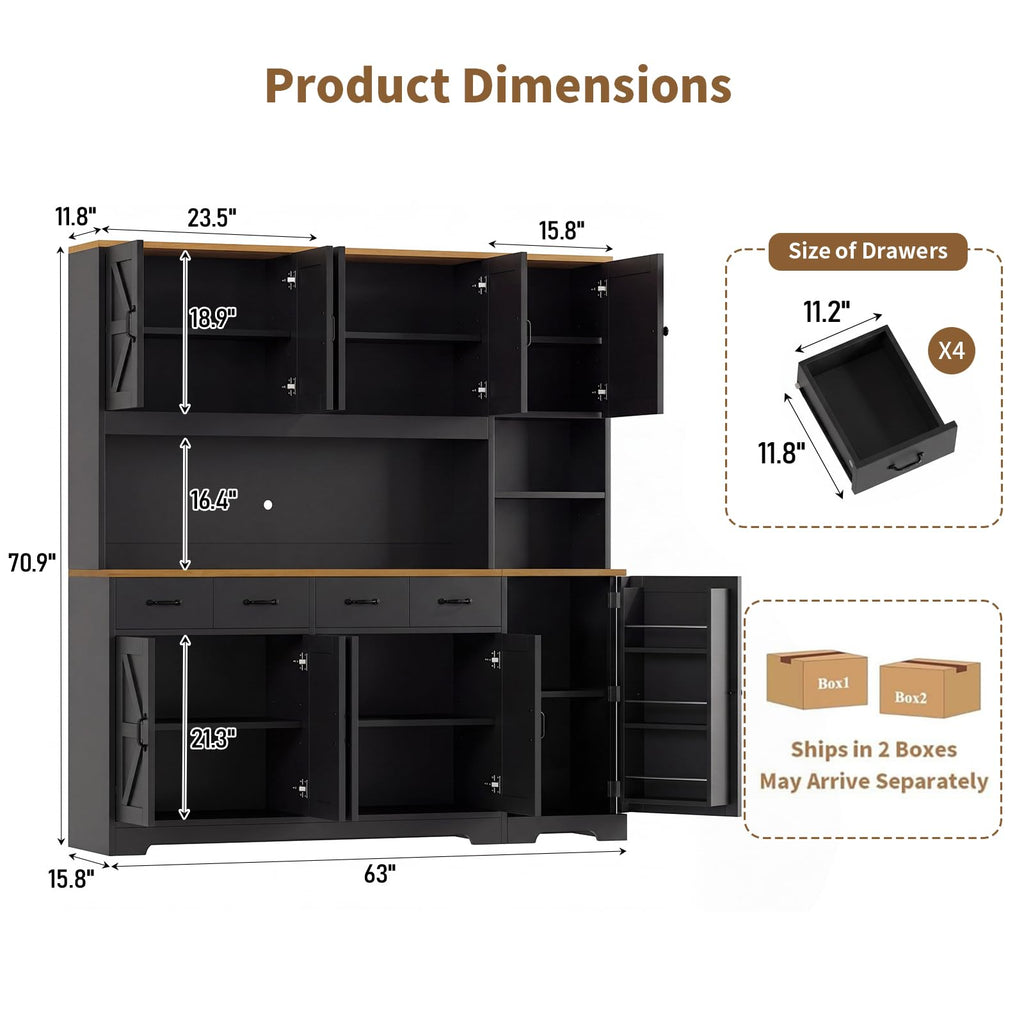 71" Tall Kitchen Pantry with LED Lights & Charging Station, Farmhouse Storage Cabinet with 4 Drawers & 6 Cabinets