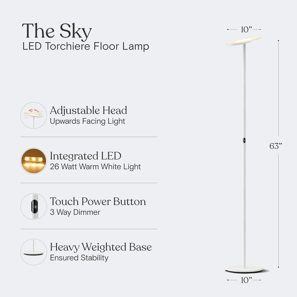 Sky LED Floor lamp, Torchiere Super Bright Floor Lamp Decor & Office - Dimmable, Tall Standing Lamp with Warm Light