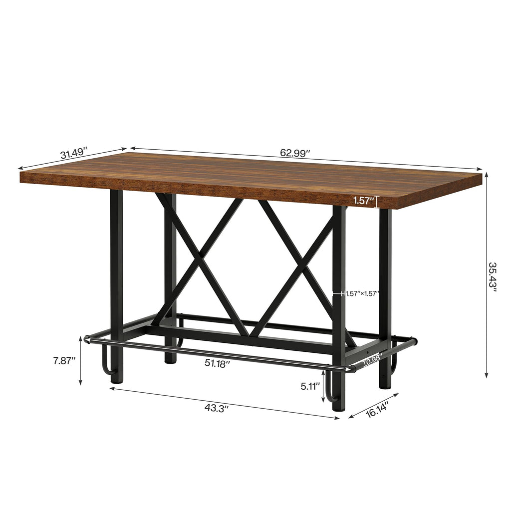 63-Inch Counter Height Bar Table with Metal Footrest (Brown)