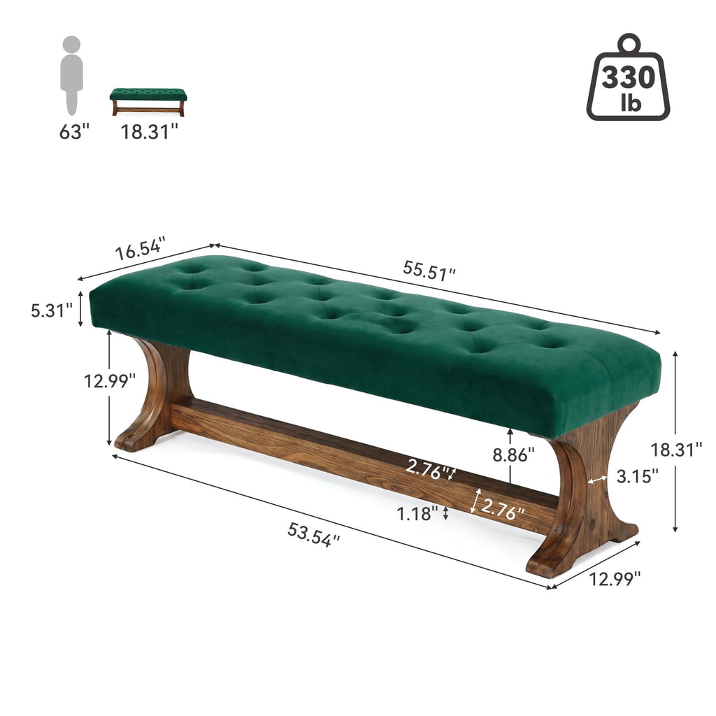 55" Upholstered End of Bed Bench, Solid Wood Tufted Entryway Bench, Farmhouse Ottoman with Cushion, Foot of Bed