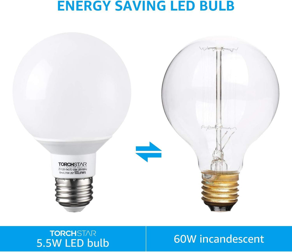 G25 LED Globe Light Bulbs, Dimmable, 2700K Soft White, Vanity Light Bulb, UL & Energy Star Listed, E26 Base, Pack of 6