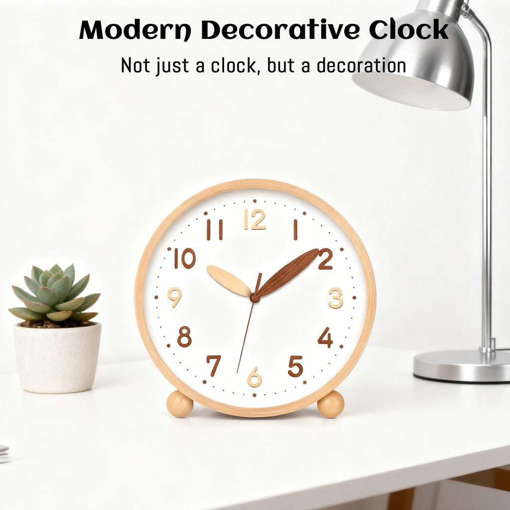 Wooden Table Clock, 8in Silent Non-Ticking Desk Clock, Battery Operated Desktop Analog Clock Bedroom Kitchen Office