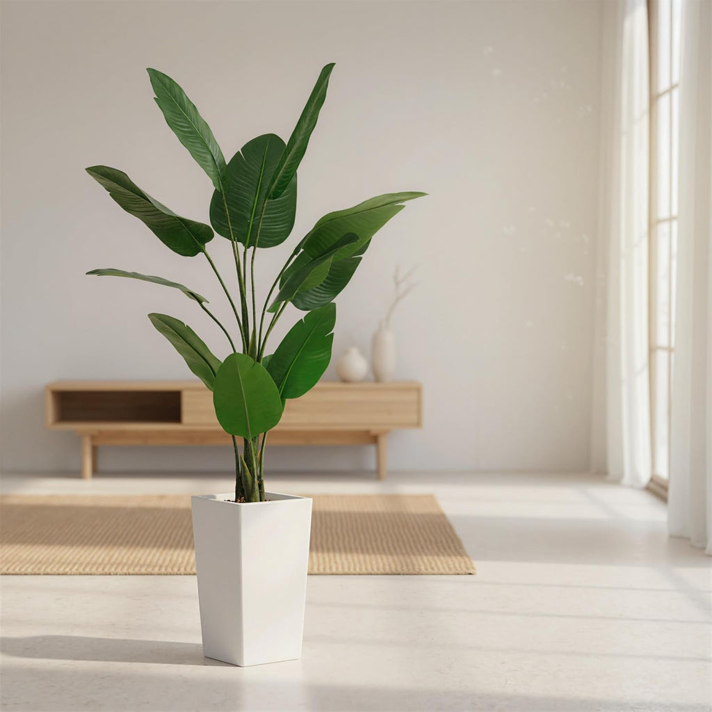 4.8FT Artificial Banana Tree, Fake Potted Tropical Tree, Decorative Evergreen Tropical Plant with White Tall Planter