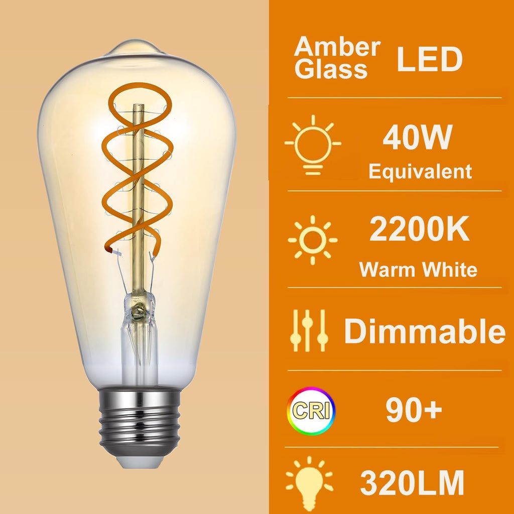 ST64 Vintage Edison Filament Led Bulb Amber, 6 pack Long Lasting Antique Edison Bulb ST64 4w (40watt Equivalent)