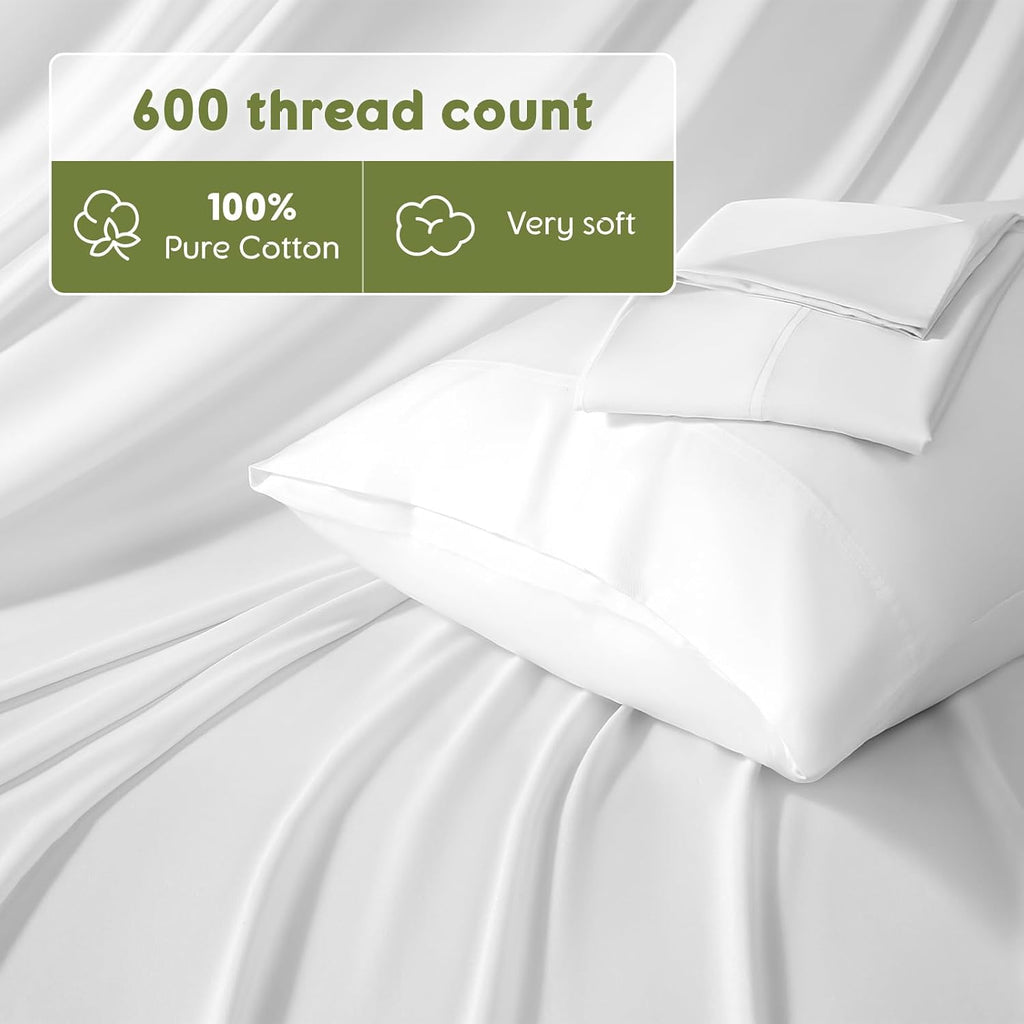 100% Egyptian Cotton Sheets Queen - 600 Thread Count Sheets, Ultra Soft Breathable Sheet Sets, Hotel Quality Sateen