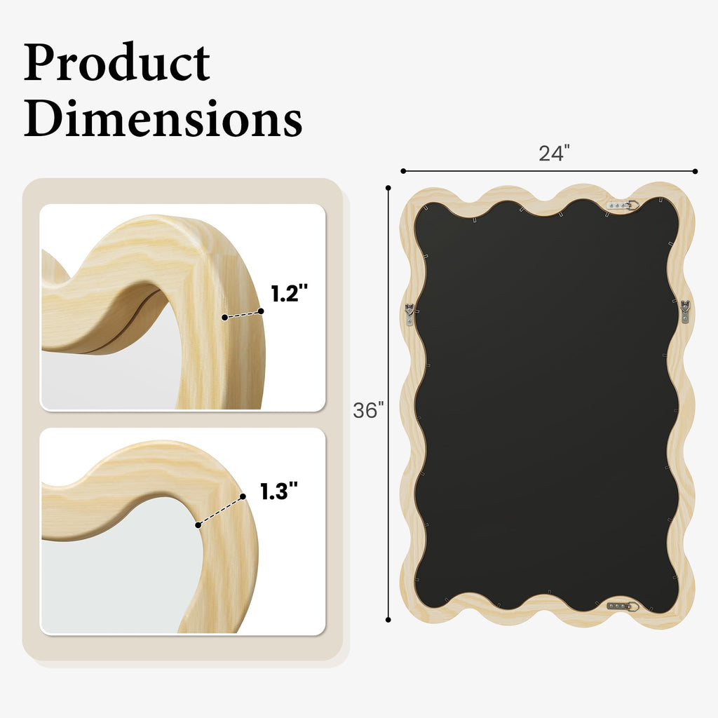 24x36 Natural Wavy Bathroom Wall Mirror, Solid Wood Scalloped Frame