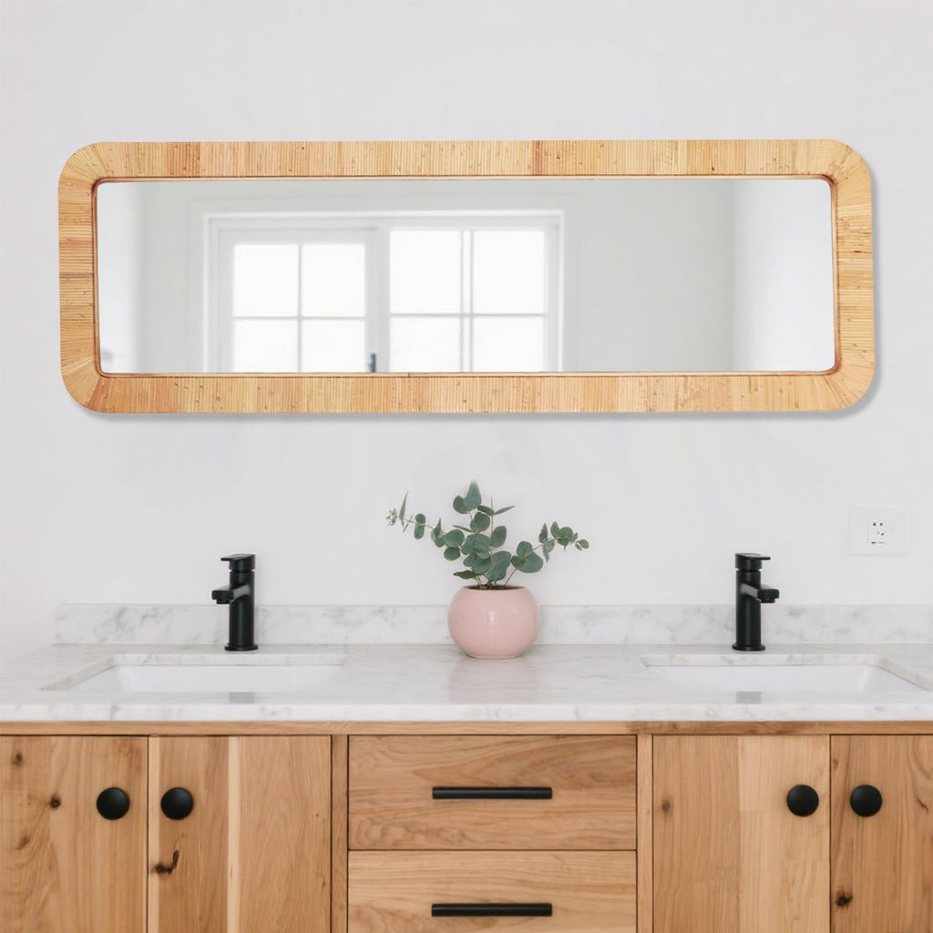 Rattan Full Length Mirror, Rectangle 63X20 Full Body Bathroom Boho Wicker Vanity Coastal Farmhouse Wood Wall Mirror