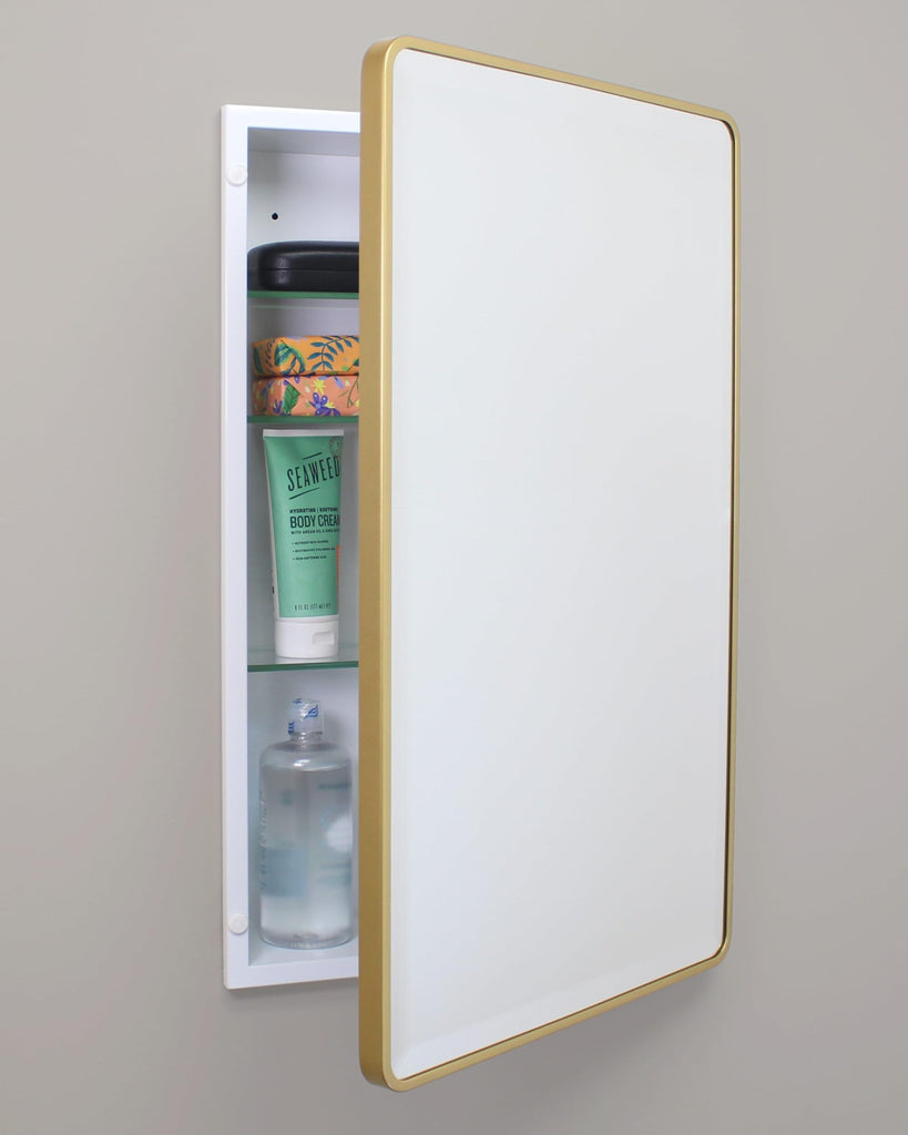 16x26 Austin Farmhouse Metal Framed Rounded Rectangle Recessed Bathroom Medicine Cabinet, Beveled Mirror, 14x24