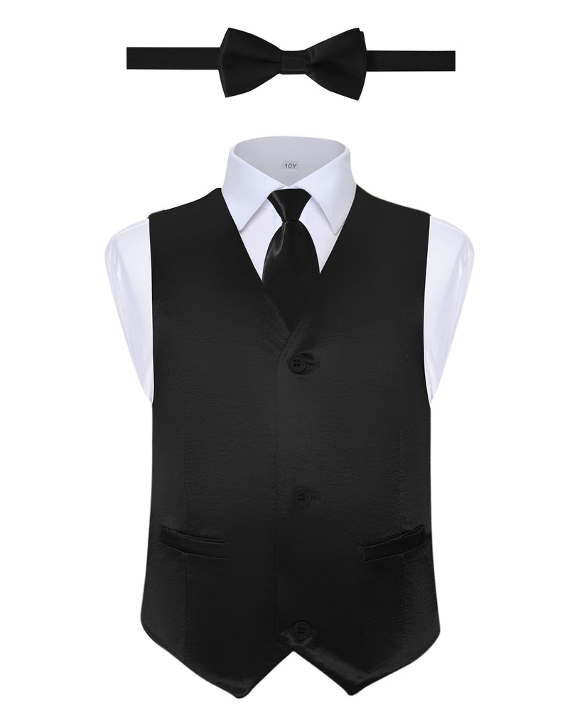 Toddler Boys Black Vest, Kids Satin Wedding Suit Vest Set with Bow Tie