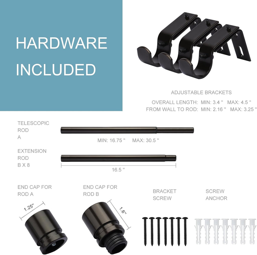 Curtain Rods for Windows 16 to 144 Inches Adjustable Length 1 Inch Diameter Window Curtain Rod with Aluminium End Cap