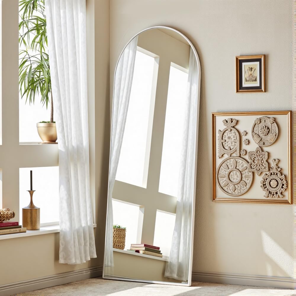 Floor Full Length Mirror, 56"x20" Arched Full Body Mirror, White