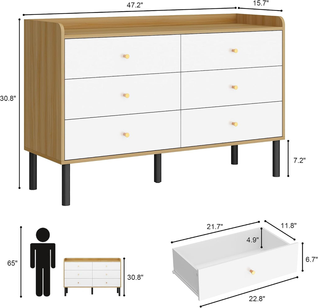 Kids Dresser , 6 Drawer Baby Dresser with Golden Handles, Modern Wood Chest , White