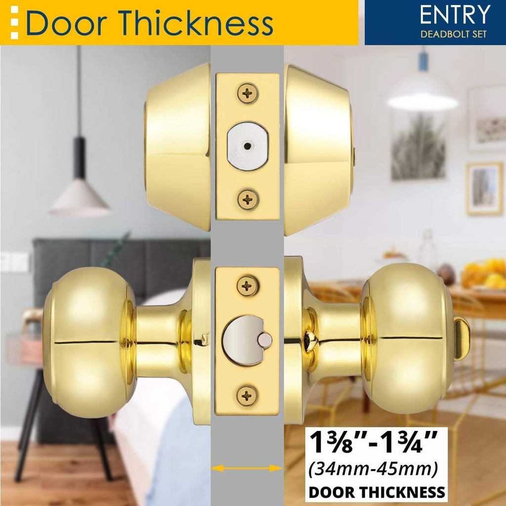 2 Pack Polished Brass Round Entry Door Knobs and Deadbolt Combination Set, Keyed Alike Double Cylinder Deadbolt Door