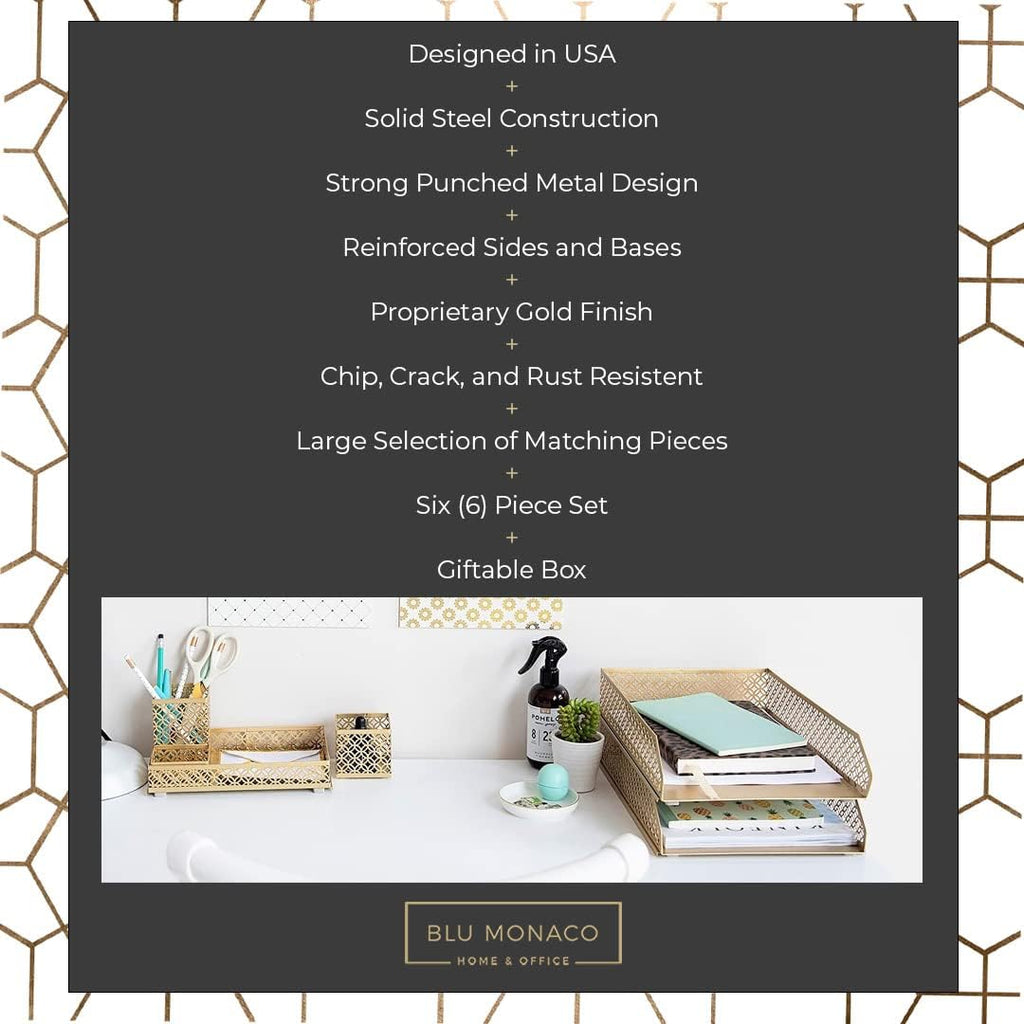 Gold Desk Organizer Set for Women 6 Piece | Mail Sorter Organizer Countertop with Letter Sorter for Desk | Steel
