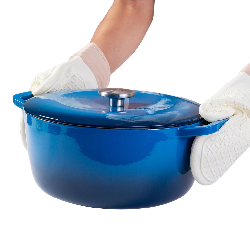5QT Enameled Cast Iron Dutch Oven, Concave Self-Basting Lid, Blue