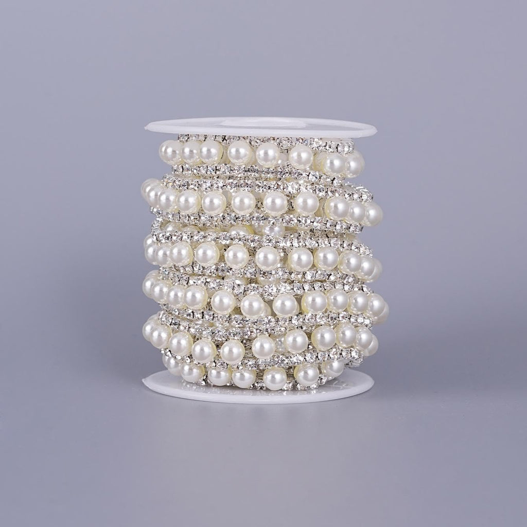 2 Rows Rhinestone Trim, Crystal Chain Inlaid White Pearl Beaded - 2 Yard