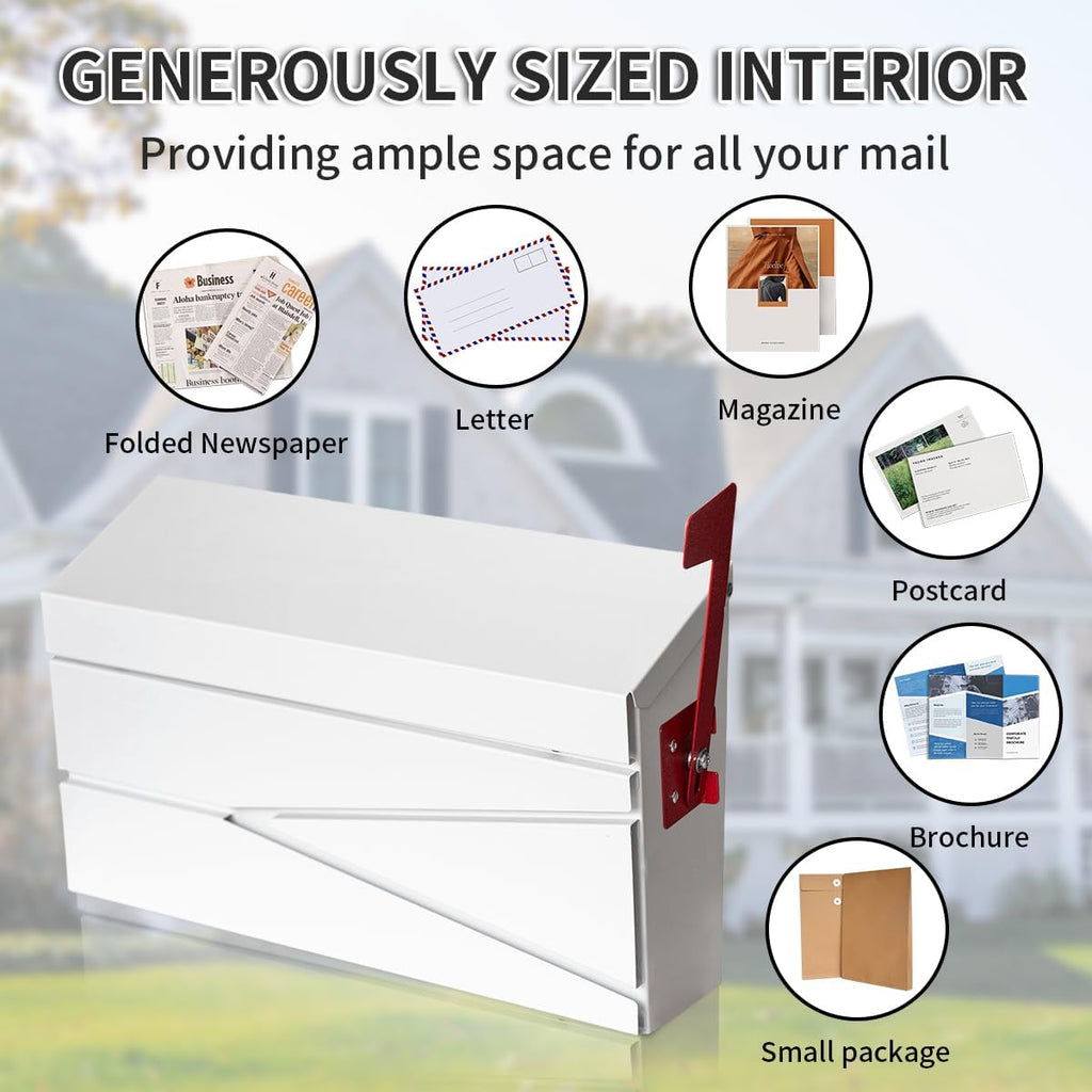 Wall Mount Mailbox, Large Capacity Mailbox Rust-Proof Metal Post Drop Box, Mailboxes 15.74"×9.84"×4.33", White