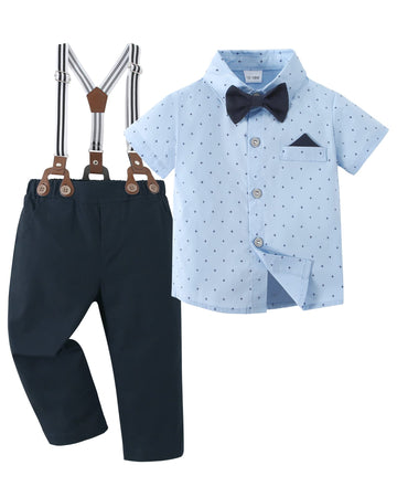 Baby Boy Clothes Suits, Toddler Dress Short Shirt With Bowtie + Suspender Pants Outfit Sets Gentleman Wedding 1-5
