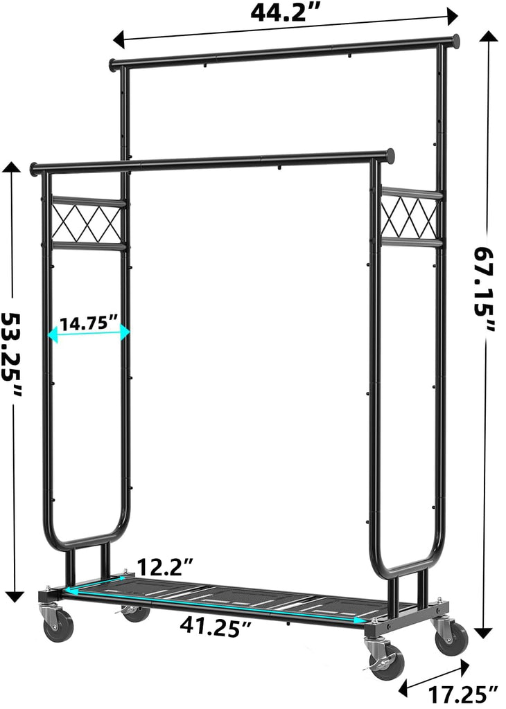 Heavy Duty Clothes Rack, Rolling Clothing Rack With Shelves Load 450 LBS, Double Rod Clothing Racks with Wheels for