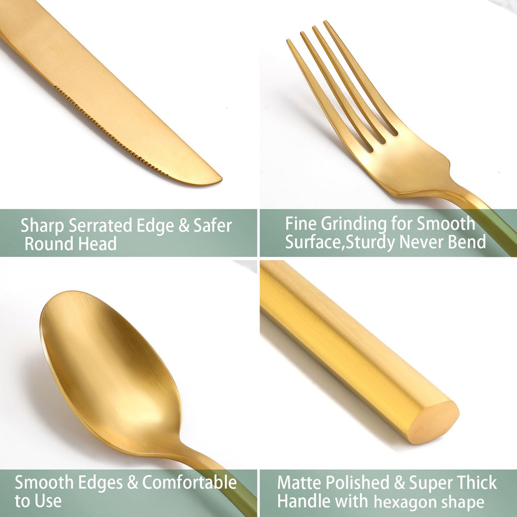 Gold Silverware Set Matte Finish Hexagon Handle Service for 8
