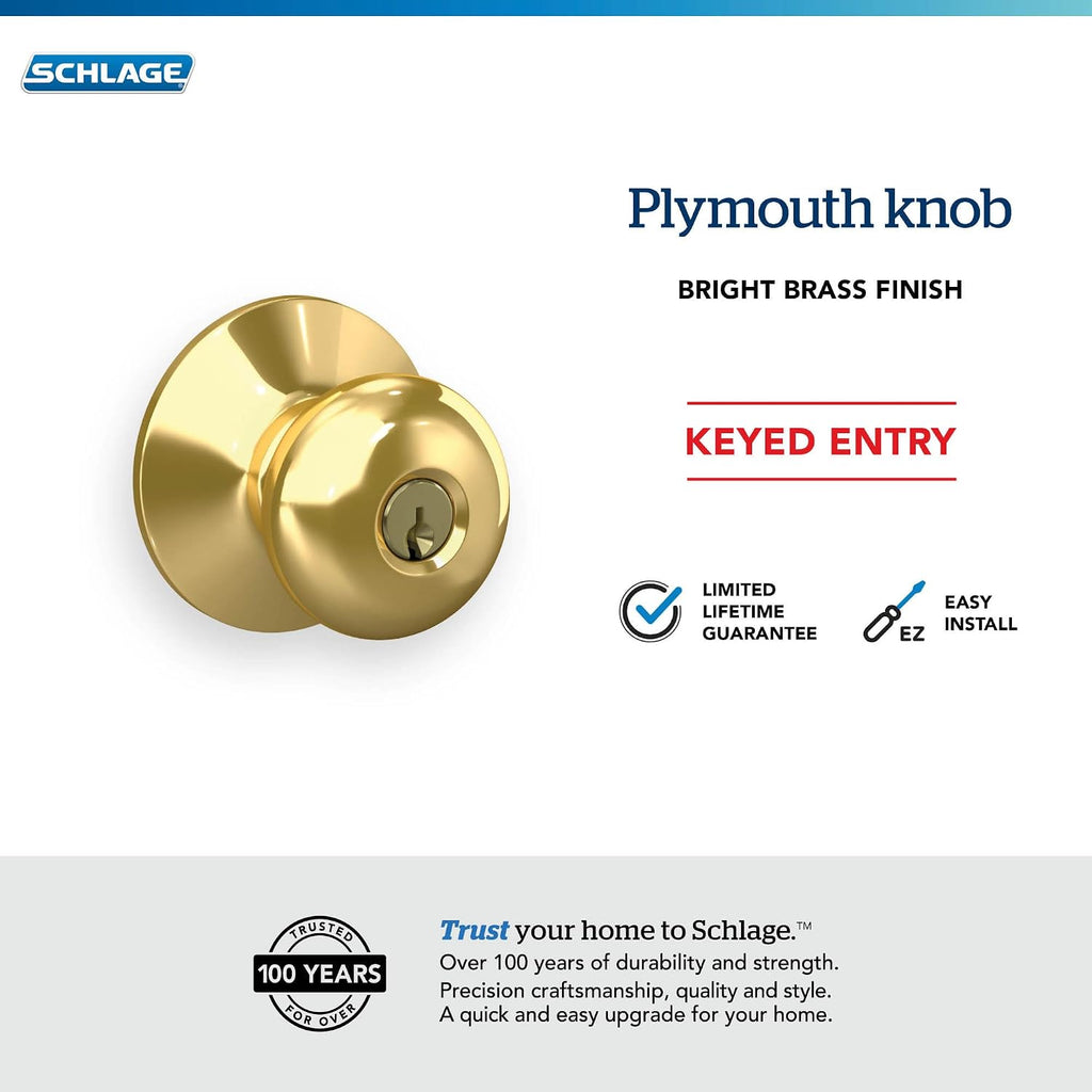 Plymouth Keyed Entry Door Knob, Interior/Exterior, Bright Brass